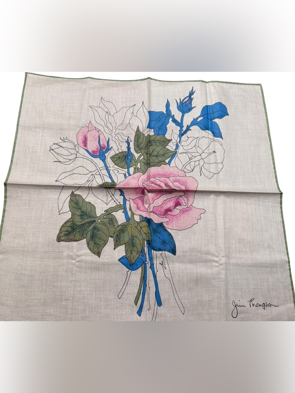 Jim Thompson Vintage Cream Scarf with Pink Script and Green Trim- in Package